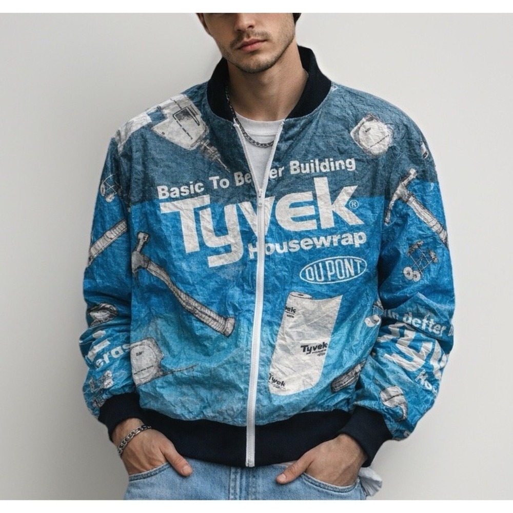VTG Tyvek DuPont Housewrap Paper Jacket L Full Print Graphic Tools USA Statement